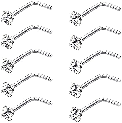 Zeayebsr 10 Pièces 20 Gauge Anneaux de Nez Courbés en Acier Inoxydable Bague du Nez Vis de Zircon Piercing Bijoux pour Le Corps, L Bend Forme
