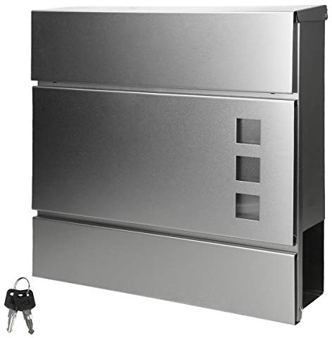 ECD Germany Briefkasten in Silber mit Zeitungsfach, Schloss und 2 Schlüsseln, inkl. Montagematerial, 37x10,5x36,5 cm, aus Stahl, Moderner Design Wandbriefkasten, Postkasten, Mailbox mit Zeitungsrolle
