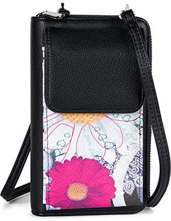 styleBREAKER Damen Mini Handy Umhängetasche RFID Blumen | 11x19,5x5 cm Crossbody-Bag, 8 Kartenplätze, 3 Scheinfächer, Münz-Zipper, separates Frontfach, 85-155 cm Riemen.