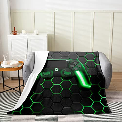 Spiel-Fleecedecke für Jungen Spielen-Flanelldecke für Kinder Gamer-Überwurfdecke für Schlafsofa Couch Dekoration grüne Neonlichter Gamepad Geometrie Waben-Sechseck Plüschdecke ganzjährig, 150 x 200