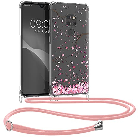 kwmobile Necklace Case kompatibel mit Huawei Mate 20 Hülle - Silikon Cover mit Handykette - Rosa Dunkelbraun Transparent Kirschblütenblätter