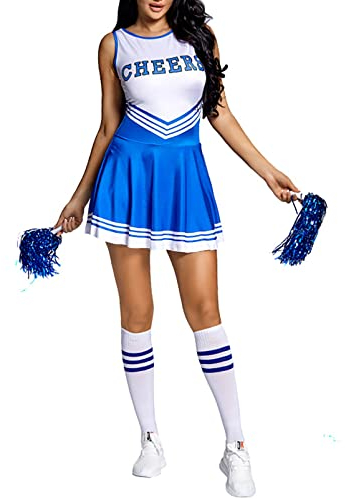 Alvivi Cheer Leader Kostüm Damen Cheerleading Uniform Schulmädchen Kleid mit Pompoms Socken Halloween Fasching Partykleid Blau S