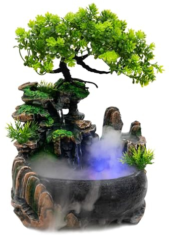 Zimmerbrunnen mit LED-Beleuchtung, zerstäubender Steingarten-Wasserbrunnen, chinesischer Fengshui-LED-Lampen-Wasserfall, Zimmerbrunnen, Gartenbrunnen, grüner Pflanzenbrunnen, Wasserfalldekoration