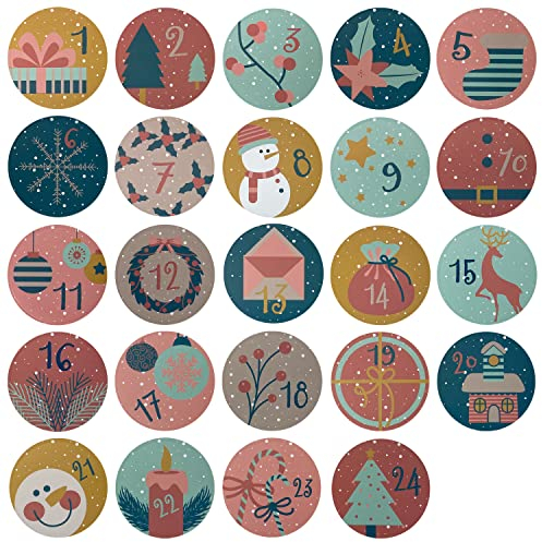 Oblique Unique® Adventskalender Sticker Zahlen 1–24 – Weihnachtsaufkleber rund 5 cm – Aufkleber für Weihnachten zum Basteln, Verzieren & Dekorieren – für DIY Adventskalender - Retro Bunt
