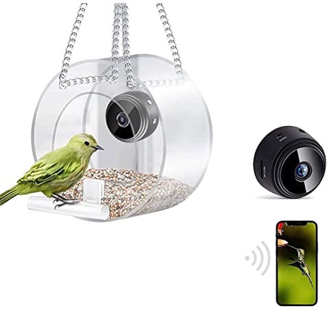 MOCIUN Mangeoire intelligente pour oiseaux avec caméra, caméra d'observation des oiseaux, mangeoire pour oiseaux avec chaîne, caméra HD 1080p version nuit, objectif ultra grand angle 170° (cercle)