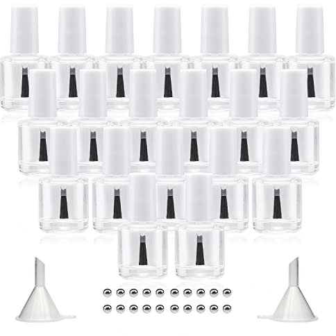 Agidea 20 leere Nagellack-Flaschen mit Pinsel, weißer Kappe, 10 ml, leer, transparentes Glas, nachfüllbar, Nagellack-Flaschen, Kreis mit Mischperlen und Trichtern, 10 ml