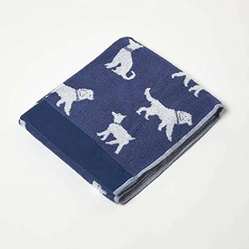 Homescapes Frottee-Handtuch Mit Hundemotiv 50x85 cm, Baumwoll-Handtuch Blau, Jacquard Mit Bordüre