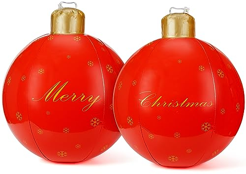BELLE VOUS 2 Pack of Christmas Inflatable Ball Decorations - 60cm / 23.6 Inches Holiday Ball Ornaments - Giant Red PVC Baubles for Outdoor Xmas Tree, Yard, Garden, Lawn and Pool Decoration