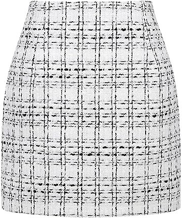 Kinghua Damen-Minirock aus Wolle, kariert, für Herbst und Winter, hohe Taille, Figurbetonter Bleistiftrock, Tweed Weiß, Mittel