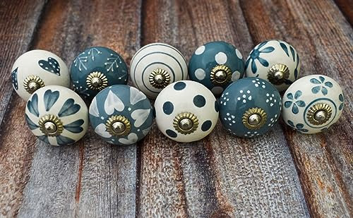 ARTISNO Grey & White Ceramic Knobs Kitchen Cabinet Drawer Knobs Hardware Handmade Knobs Cabinet Knobs Ceramic Door Knobs (10, Greenish)
