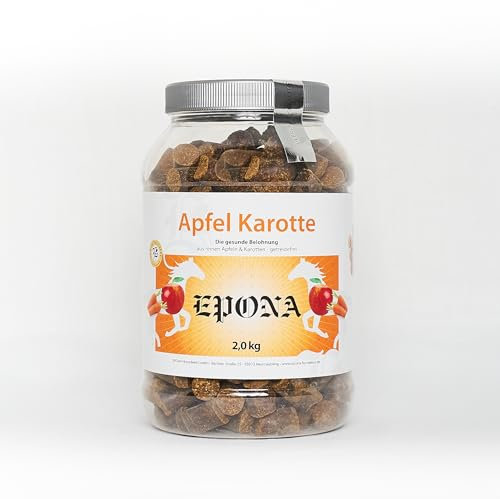 Original EPONA Apfel Karotte Leckerli Dose, speziell für Pferde, bestehen aus reinem Apfel sowie einem Anteil von 20% Karotte- sind getreidefrei und besonders lecker.