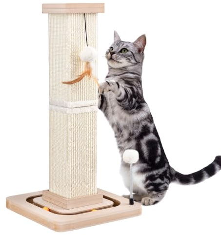 LIFLIX 67cm Cat Scratching Post, Sisal Cat Scratcher with Interactive Track Balls and Hanging Balls, Vertical Scratching Posts for Indoor Cats and Kittens