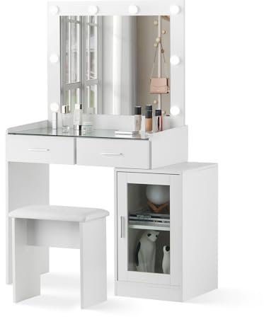 TUKAILAI Schminktisch mit Spiegel und Hocker und Beleuchtung, Frisiertisch mit Transparenter Desktop, Kosmetiktisch weiß Verstellbarer Aufbewahrungsschrank Modern Schminktisch Klein 80x40x140 cm
