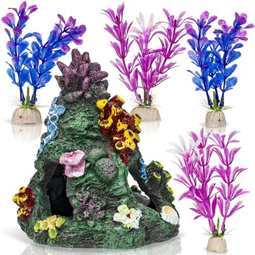 M PELOSA Fish Tank Accessories – Faux Coral Rock Formation and 4 Plastic Plants – Colourful – Non-Toxic – Safe for Fish – Easy to Clean Fish Tank Decorations (1, Oval)