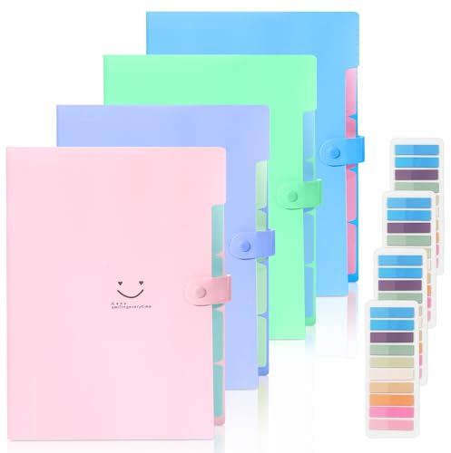 4 Stück Dokumentenmappe A4, Fächermappe A4 mit 800-Etiketten, 5-Fächer Mappe, Sammelmappe mit Druckknopf für Zuhause, Büro, Schule Und Auf Reisen