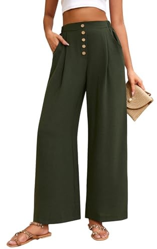 Heekpek Pantalon Large Fluide pour Femmes - Détente Léger d'Été Palazzo à Taille Haute avec Boutons - Causal à Taille Élastiquée