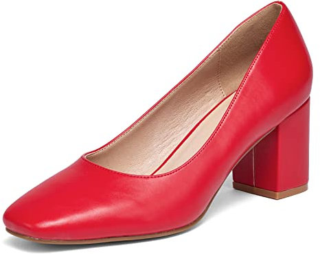 GENSHUO Décolleté da Donna con Tacco Basso e Blocco Tacchi Alti Lisci e Grossi 7 cm/2.76 Pollici Scarpe da Lavoro con Punta Quadrata Scarpe con Tacco Spesso, Rosso Opaco, 38.5 EU