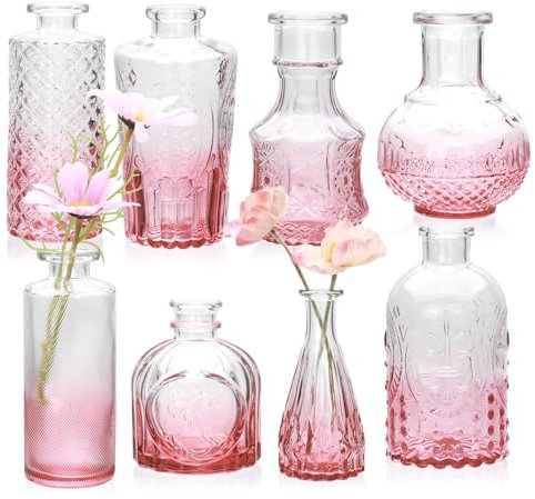 Brajttt Lot de 8 mini vases en verre, saveur artistique et culturelle pour décoration de maison, bureau, chambre, salon, mariage, rose