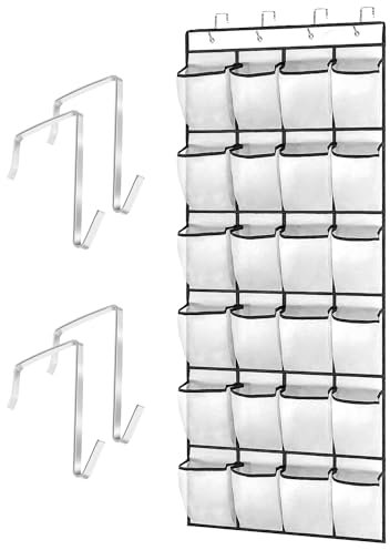 Feiyayi Over the Door Shoe Organiser With 24 Large Mesh Pockets and 4 Hooks for Narrow Closet, Bedroom, Bathroom (White, 145 x 56cm)