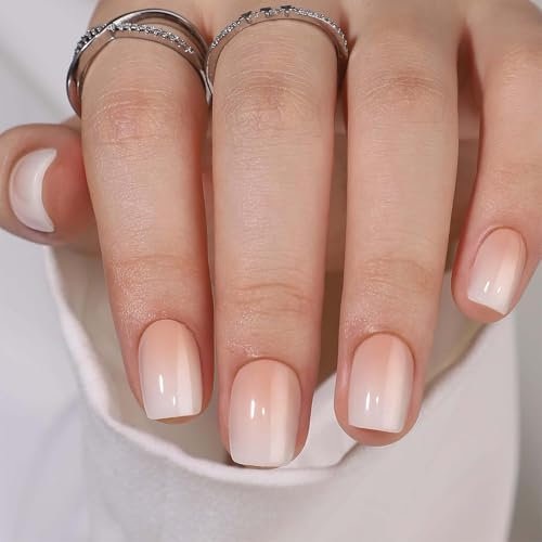 24PCS Short False Nails - Natural Gradient Press on Nails - Skin Color Natural Look French Style False Nails with Glue - Glossy Full Cover Stick on Nails Long Lasting DIY Manicure
