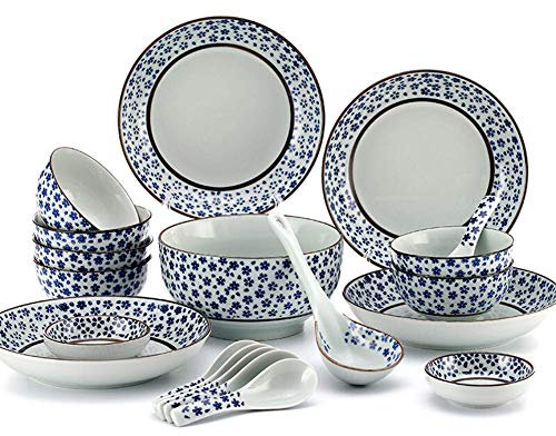 WLCBWYF Assiettes à dîner, Ensemble de Plats/Assiettes/Bols, Service de Table 20 pièces, Service pour 6 Personnes, Ensemble de Vaisselle en Porcelaine Bleue et Blanche, pour fête