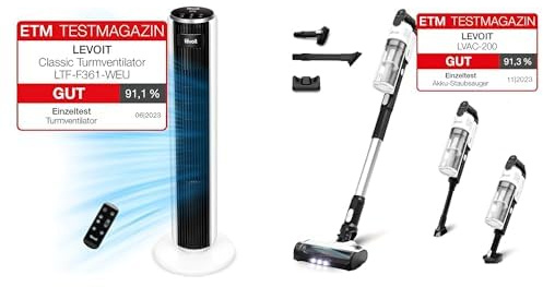 Levoit 28dB leiser 7m/s Turmventilator mit Fortschrittlichem Schlafmodus und Fernbedienung Akku Staubsauger mit Tierhaardüse, Anti-Haar-Verwicklung, max 50min Laufzeit
