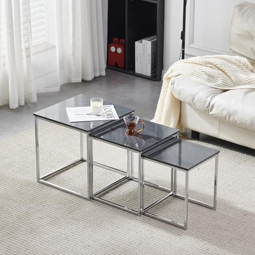 Beistelltisch 3er Set, Satztische 3er Set, Hochglanz Couchtisch aus MDF und verchromtem Metallgestell, 3 quadratische Kaffeetisch, für Wohnzimmer (Grau)