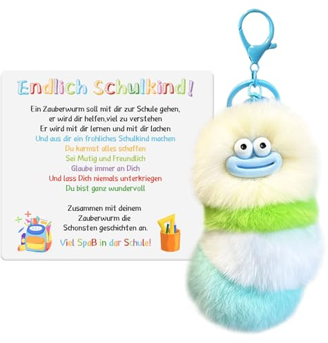 Einschulung Geschenk Schlüsselanhänger Schulkind Geschenke zum Schulbeginn Glücksbringer Schulanfang Schlüsselanhänger Zauberwurm Plüsch (beige und grün)