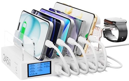 Ladestation für mehrere Geräte, 245W 7 Port Ladegerät mit LCD Bildschirm und 2-in-1 i-Watch-Ladehalterung,USB Ladestation für Tablet und iPad /15/14/Pro/Max Samsung...weiß(adekabel Nicht enthalten )