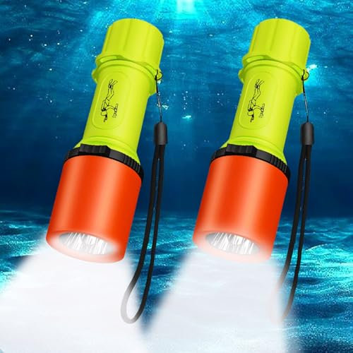 MODAO Tauchen Taschenlampe IPX8 Wasserdicht,Superhell LED Unterwasser Taschenlampe, 3 Lichtmodi Taucherlampe mit Handseile und Handgelenkband (2 Pack)