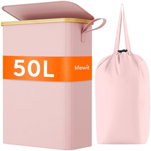Lifewit 50L Slim Laundry Basket with Lid, Foldable Laundry Hamper Drity Clothes Washing Basket Toys Towels Storage with Bamboo Handle, Removable Inner Bag for Bedroom Bathroom,Pink