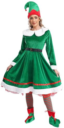 FEESHOW Damen Weihnachtself Kostüm Kleid Wichtelmütze Elf Schuhe Strümpfe Set Erwachsene Karneval Weihnachtskostüm Party Cosplay Outfit A_Grün XL