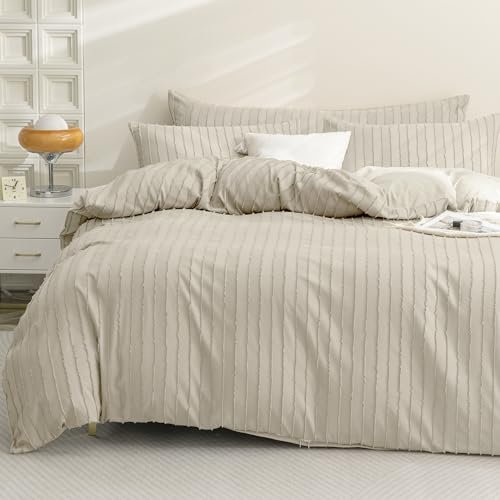 JELLYMONI Bettwäsche 135x200 Gestreift Boho Bettwäsche-Set Beige Polyester-Mikrofaser Oeko-Tex 100% Bettbezug mit Reißverschluss und Kissenbezug 80X80 mit Umschlag Weich 2-Teilige Bettwäsche