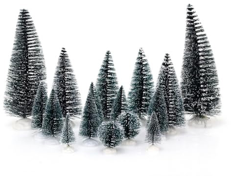 16-Piece Bottle Brush Christmas Trees | Set Of 16 Miniature Snow-flocked Bottle Brush Trees | Bottle Brush Pine Christmas Village Trees