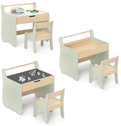 GOPLUS 3 in 1 Kindertisch mit Stuhl, Kindersitzgruppe aus Holz mit Abnehmbarer Tischplatte, verstecktem Stauraum & Papierrollenhalter, Kinderschreibtisch für Zuhause & Kindergarten