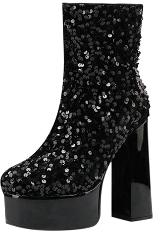 Glitzer Schuhe,Glitter Plateau Stiefeletten Damen Sparkly Block High Heels Kurzschaft Stiefel Metallic Color Disco-Tanzschuhe Ankle High