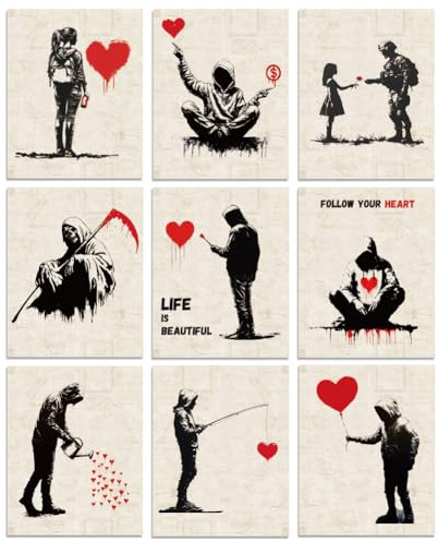 WEBEEDY 9 Styles Banksy Wandkunst Vintage Rote Herzdrucke Mit Für Wanddekor Ästhetische Graffiti Poster Boho Ungerahmte Leinwand Wandkunst Für Zimmer Büro Heimdekoration 20x25cm
