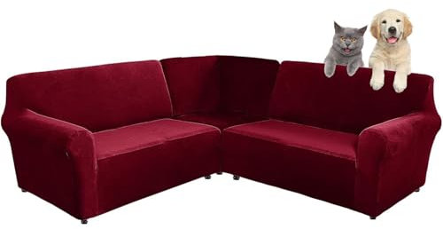 SHUOJIA 3-teilige Corner Couch Abdeckung, Sofabezug L Form Stretch Sofabezug aus Samt für 5/7 Sitzer Ecksofa, Anti Rutsch Sofa Überzug L Form Dicker weicher waschbarer Möbelschutz (Wine Red,7-Seater)