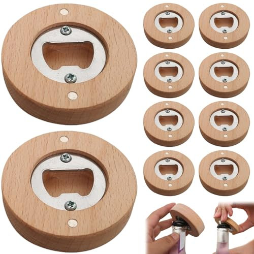 10Pcs Magnetic Bottle Opener, Bamboo Round Shape Beer Bottle Opener Fridge Magnets 2.4x2.4 Magnet Refrigerator Sticker Bar Decoration