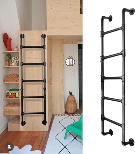 5-Rung Wall-Mounted Bunk Bed Ladder 165x45cm Black Wrought Iron Metal Climbing Ladder, 150KG Load Capacity, Indoor & Outdoor for Attics, Lofts, Dorms, RVs, Decks & Basement Egress