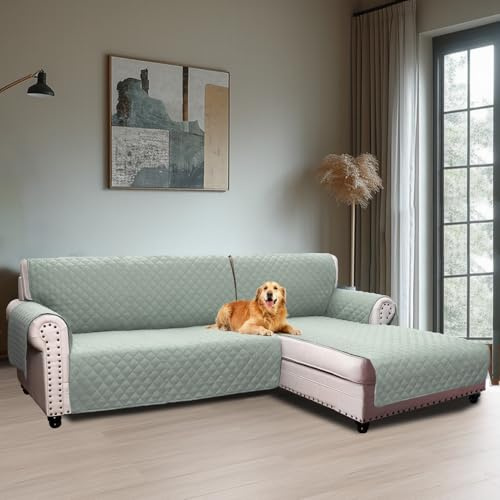 BellaHills Sofaüberzug Wasserabweisend rutschfeste Sofaüberwurf Abnehmbar mit Armlehnen Taschen und Gummiband Chaiselongue Rechte (247CM) Grün