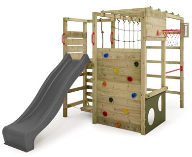 Fatmoose Aire de Jeux Portique d'escalade ActionArena Air XXL avec Toboggan, extérieur Enfants Tour d'escalade avec échelle, Panier de Basket & Accessoires de Jeux (Anthracite)