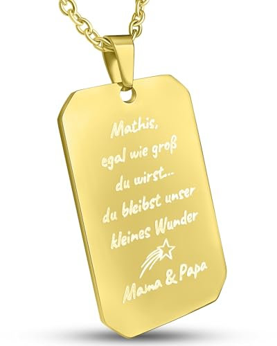 Hanessa Personalisierte Dog Tag Kette mit Gravur in Gold - Hundemarke mit Gravur Edelstahl 50 cm - Personalisierte Kette mit Namen Herren - Erkennungsmarke Männer Halskette Dog Tag