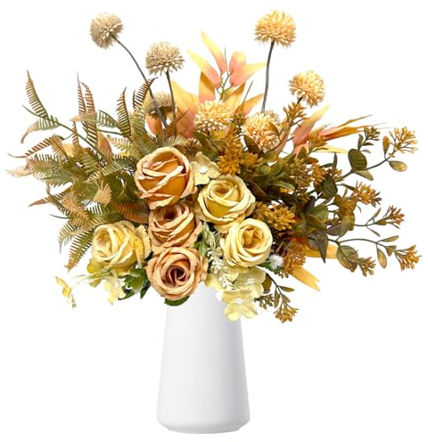 Kunstblumen Herbst Künstliche Herbstblumen Herbststrauß Wie Echt Künstliche Rose Hortensie Seidenblumen Fake Blumen Pflanzen Zweige Artificial Flowers für Innen Draußen Tisch Küche und Zimmerdeko