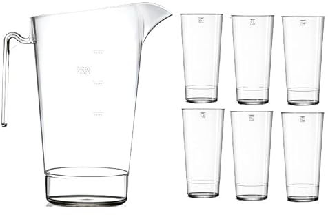 Polycarbonate Pitcher and Glasses Set, 2.2L Jug with 6 Stackable Pint Glasses, Dishwasher Safe