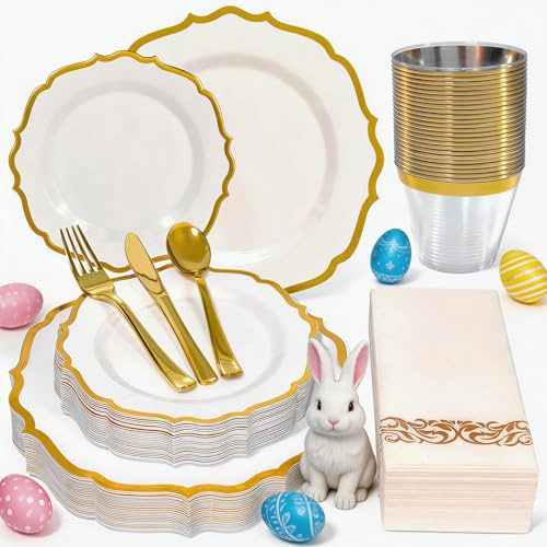 Glowserve 175 Plastic Dinnerware Set Gold Disposable Dinnerware Set for 25 Guests Include 50 Plastic Plates 25 Silverware Set 25 Cups and 25 Napkins for Mother's Day Party Wedding Birthday