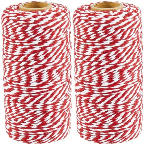 CABODYALS 2 rotolo Da 200 m e 2mm di Spago di Cotone Rosso e Bianco, Spago Natalizio Intrecciato, Spago Da Imballaggio per Macramè, Treccia Rotonda, Filo Sfuso per Artigianato, Compleanno, Matrimonio,