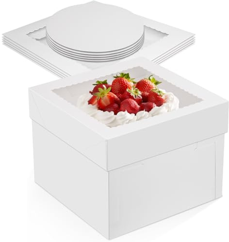 Ezvsevuo Set di 5 Scatola per Torte, 25 x 25 x 20cm Scatola Torte Quadrata in Cartone con Finestra, Scatola Bianca per Tortes Dessert, Contenitore per Torte con Vassoi, Scatola per Trasportare Torte
