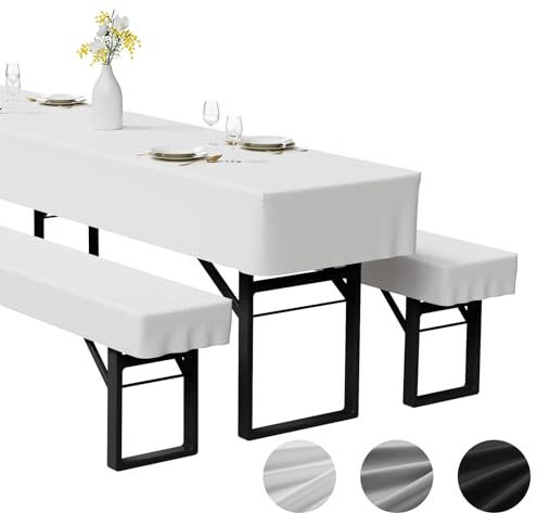 Zdada 3-teilige Bierzeltgarnitur Auflage Polyestermaterial (Weiß, 220x70cm) | Enthält 2 Bierbank Hussen und 1 Biertisch Husse aus, Waschbar, Fixierbar und Windfest Bierzeltgarnitur Hussen, für Bankette