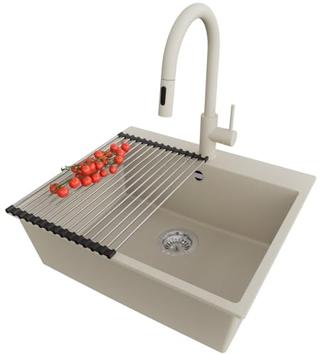 PRIMAGRAN Evier Cuisine en Granit au Meuble 60cm + Robinet, 58x50cm | Set: Robinet BW9010 + Kit de Vidage + Égouttoir Enroulable + Lavabo 1 Bac - Riga, Beige